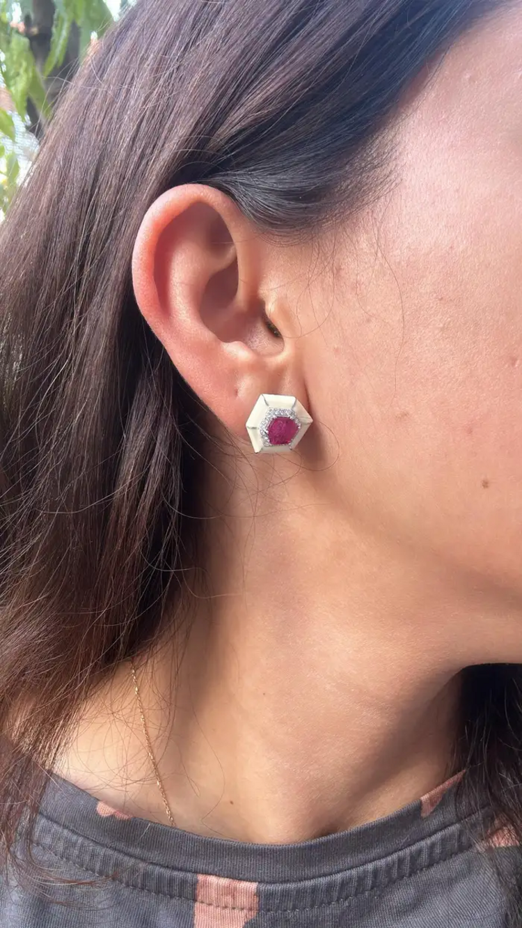 18k White Gold Handmade Minimalist Stud Earrings - Natural Mozambique Ruby White Enamel Earrings - Gold Diamond Earrings