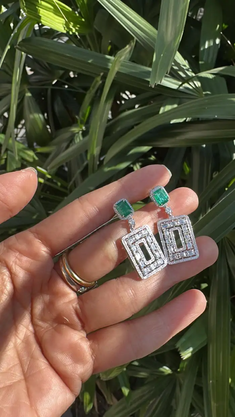 Natural Zambian Emerald & Diamond Dangle Earrings - 18k White Gold Handmade Earrings