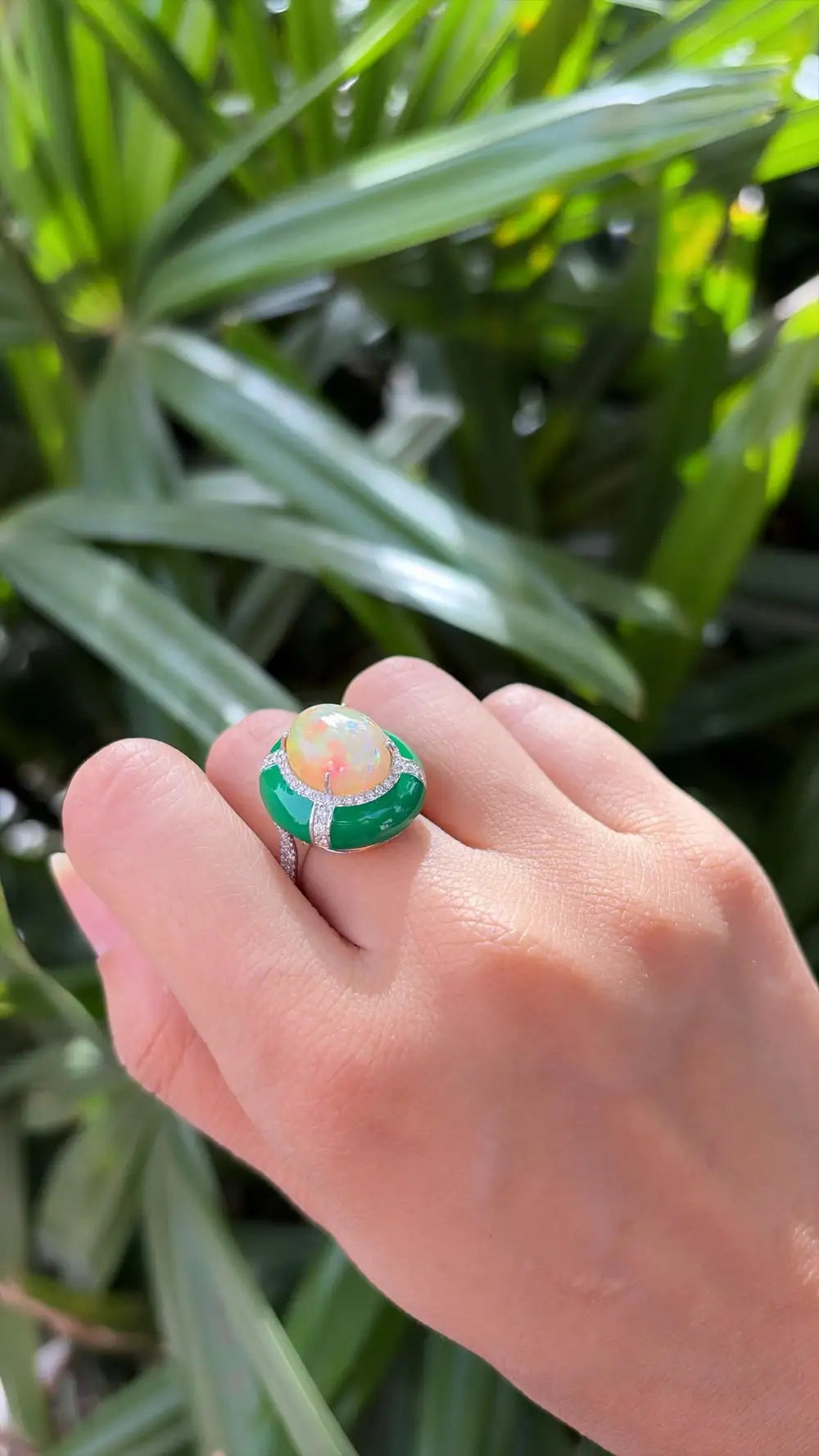 Natural Ethiopian Opal & Green Enamel Cocktail Ring - 18k White Gold Diamond Ring