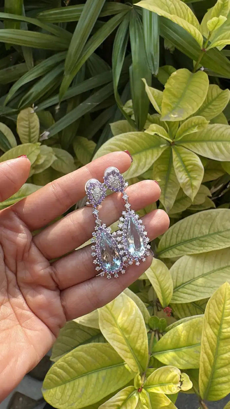 Natural Aquamarine & Purple Sapphire Dangle Earrings - 18K White Gold Diamond Drop Dangle Earrings