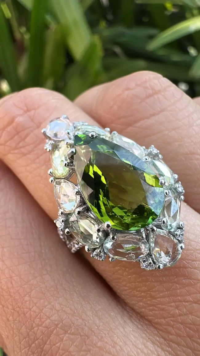 Natural Tourmaline & White Sapphire Ring - 18k White Gold Diamond Handmade Ring Main Image