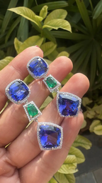 Natural Zambian Emerald & Tanzanite Dangle Earrings - 18k White Gold Diamond Earrings