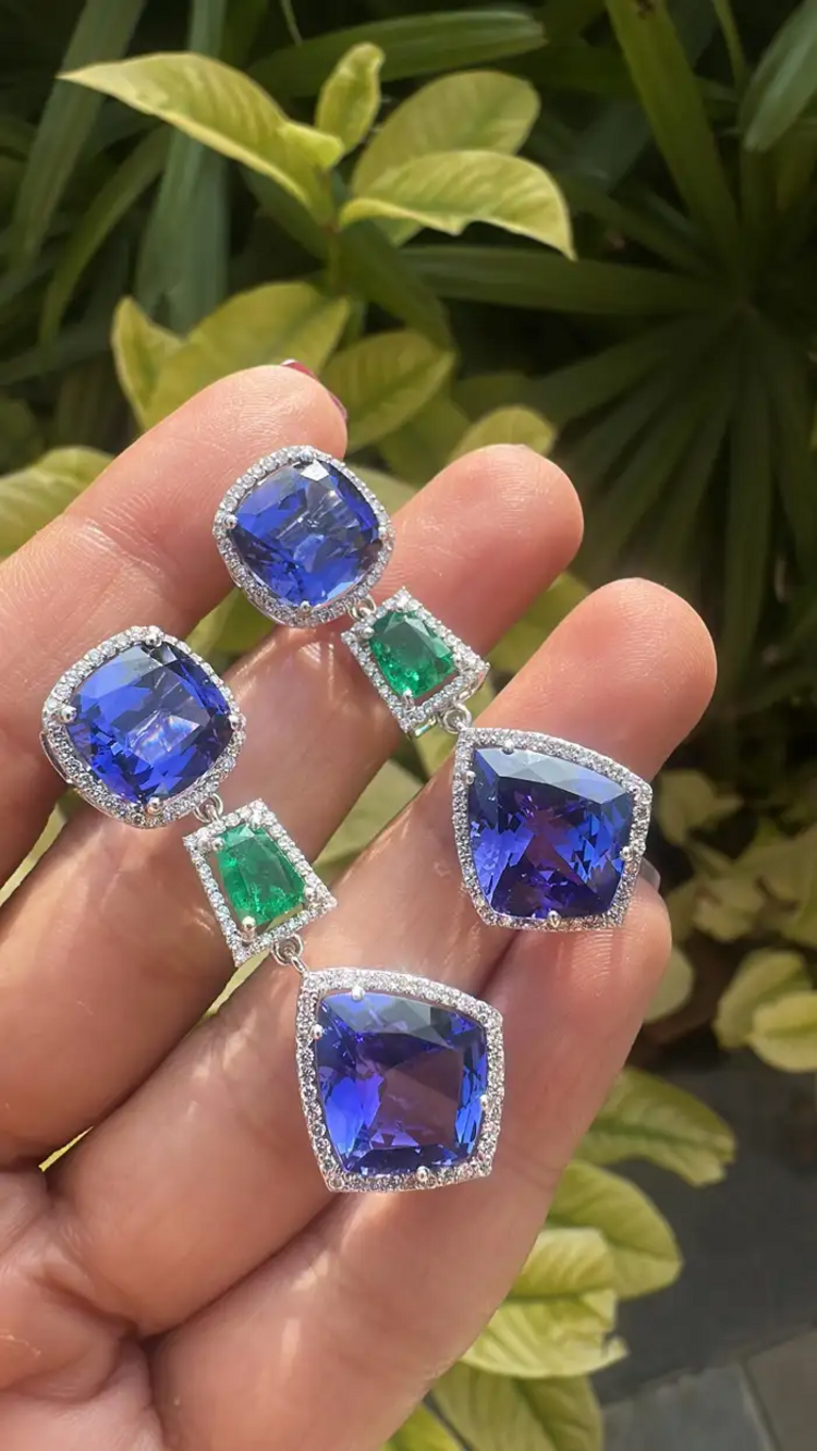Natural Zambian Emerald & Tanzanite Dangle Earrings - 18k White Gold Diamond Earrings