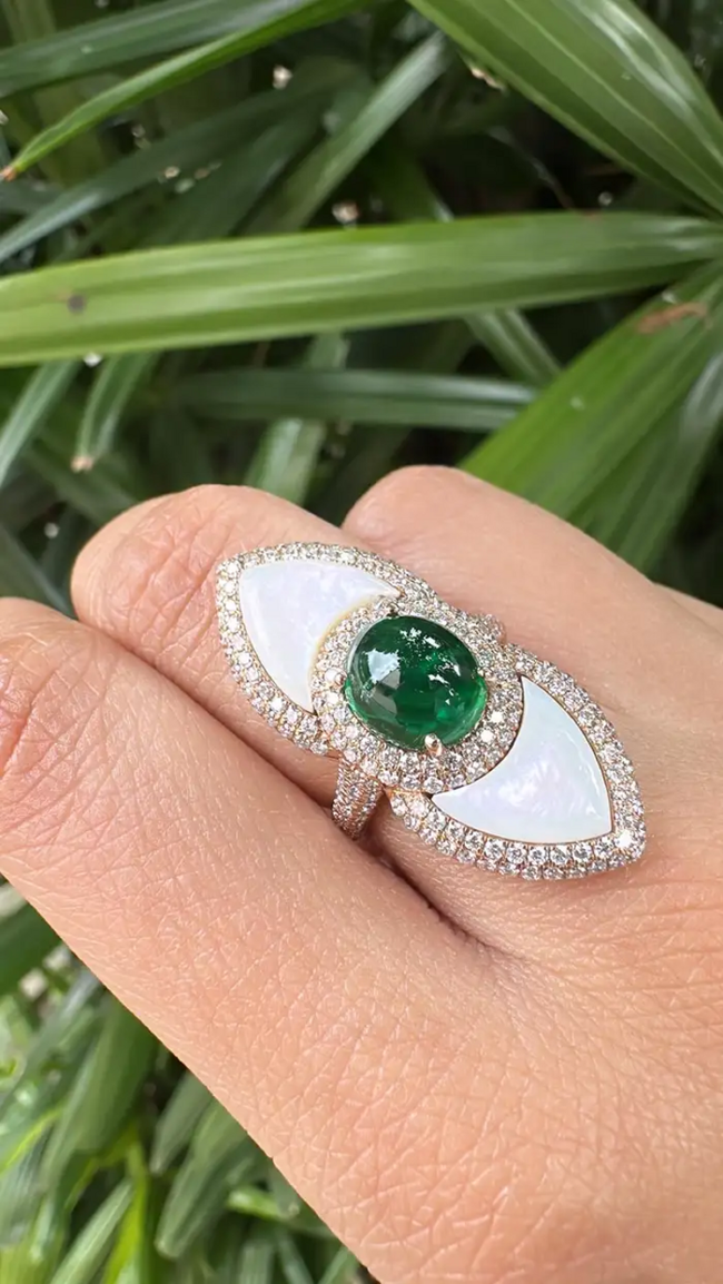 Natural Zambian Emerald & Mother Of Pearl Ring - 18k Yellow Gold Diamond Statement Ring Main Image