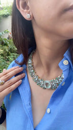 Natural Aquamarine & Zambian Emerald Necklace - 18k White Gold & Yellow Diamond Necklace