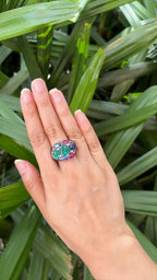 18k White Gold Diamond Cluster Ring - Natural Emerald, Ruby & Blue Sapphire Gemstone Ring