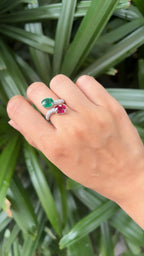 Natural Rubellite & Zambian Emerald Gemstone Ring - 18k White Gold Diamond Toi et Moi Ring