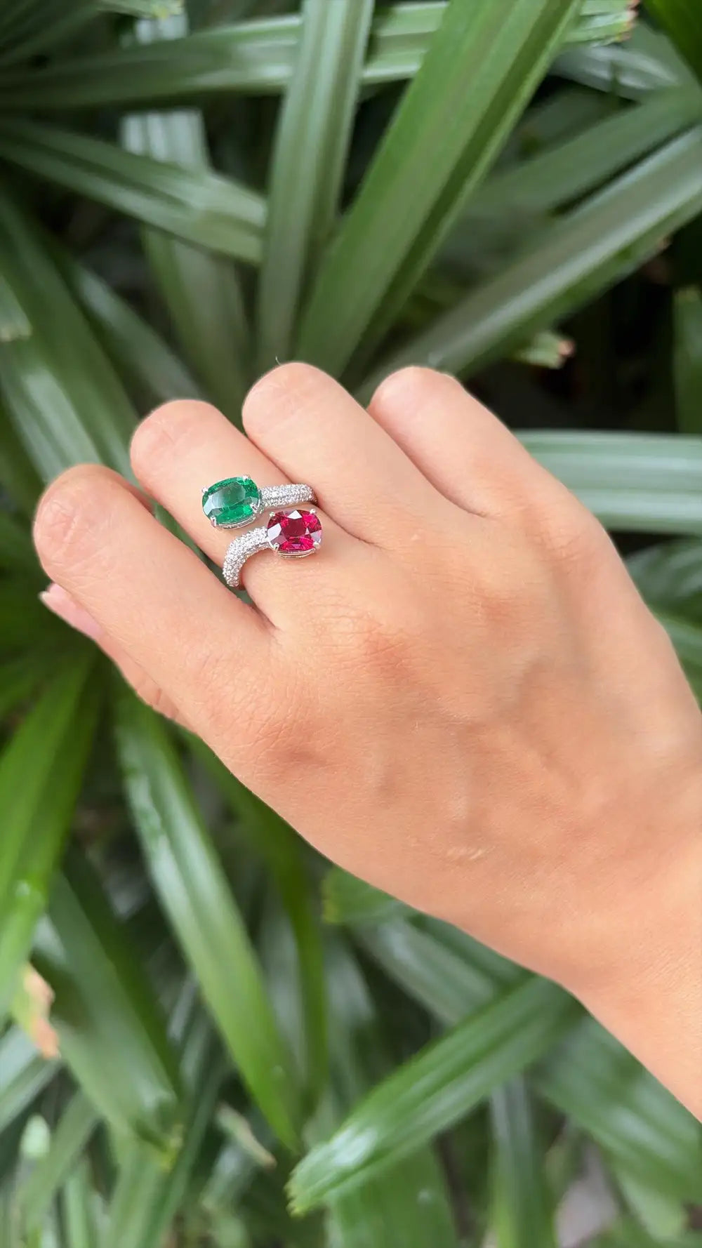 Natural Rubellite & Zambian Emerald Gemstone Ring - 18k White Gold Diamond Toi et Moi Ring