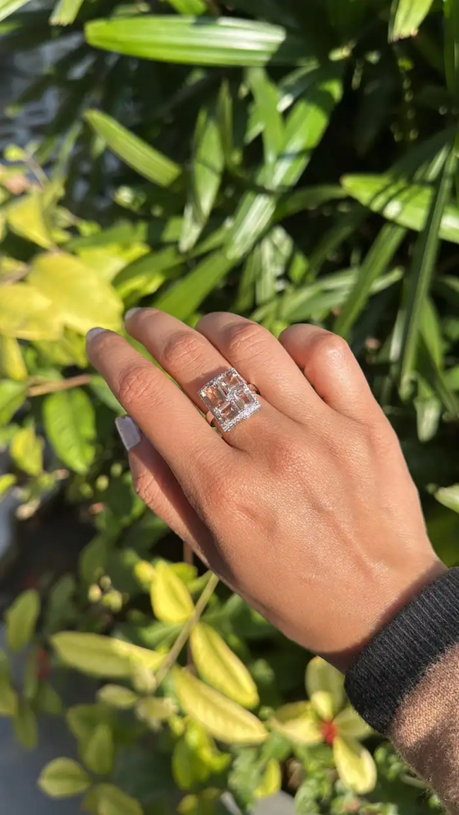Natural Morganite Gemstone Cocktail Ring - 18k White Gold Handmade Ring With Rose Cut Diamond Main Image
