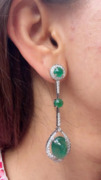 18k White Gold Diamond Dangle Earrings - Natural Emerald Gemstone Chandelier Earrings