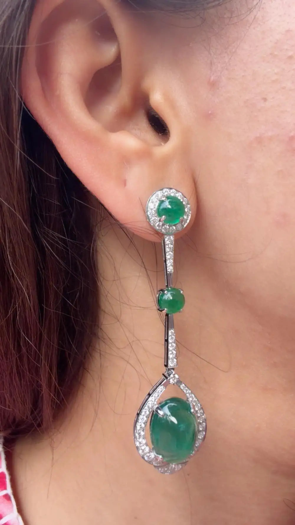 18k White Gold Diamond Dangle Earrings - Natural Emerald Gemstone Chandelier Earrings