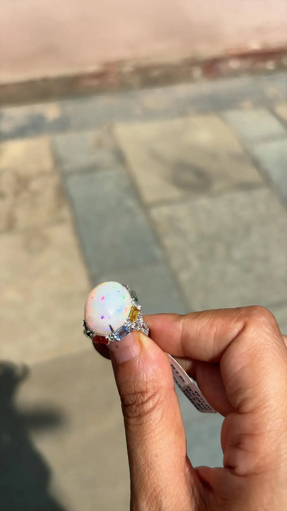 18k White Gold Diamond Dome Ring - Natural Ethiopian Opal & Multi Sapphire Ring