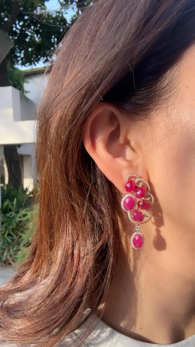 Natural Ruby Diamond Earrings - 18k Rose Gold Dangle Handmade Earrings Main Image