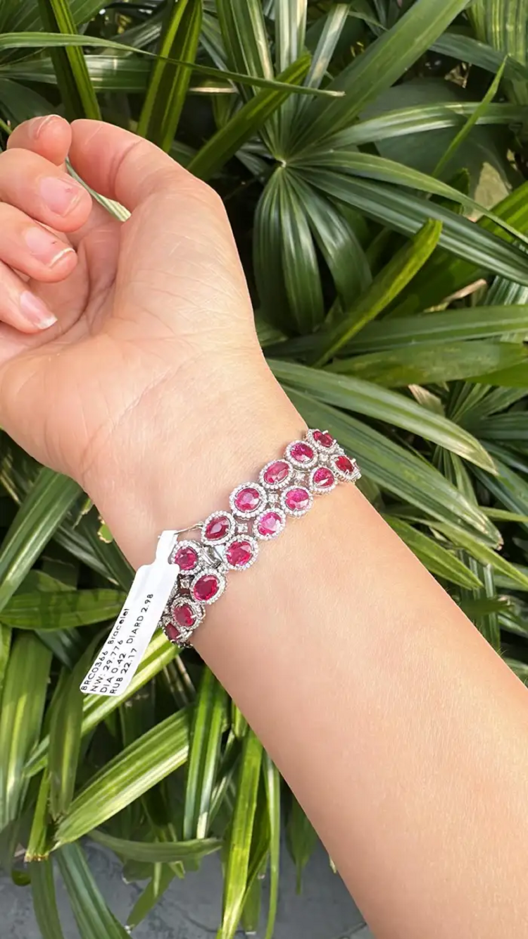 Natural Mozambique Ruby Women Bracelet - 18k White Gold Diamond Handmade Bracelet