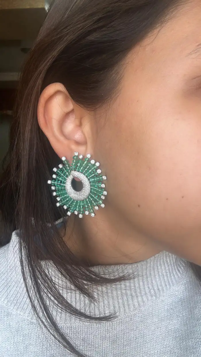 Natural Zambian Emerald Beads Earrings - 18k White Gold Diamond Stud Hoop Wedding Earrings Main Image