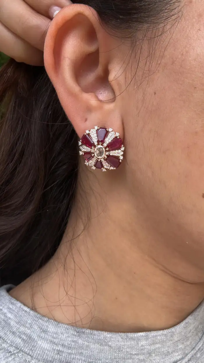 18k Rose Gold Diamond Stud Earrings - Natural Ruby & Rose Cut Diamond Earrings Main Image
