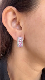 18k White Gold Diamond Hoop Earrings - Natural Pink Sapphire Huggie Hoop Earring