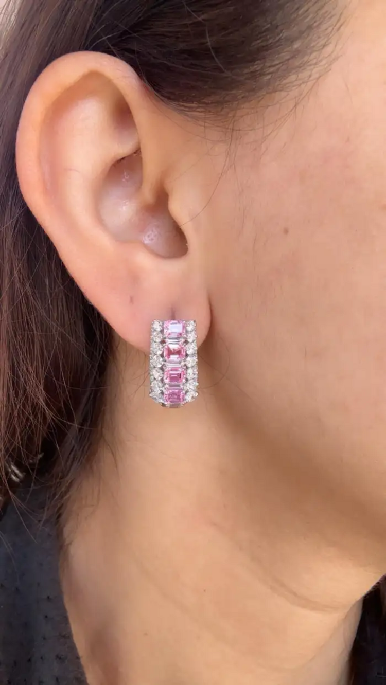 18k White Gold Diamond Hoop Earrings - Natural Pink Sapphire Huggie Hoop Earring