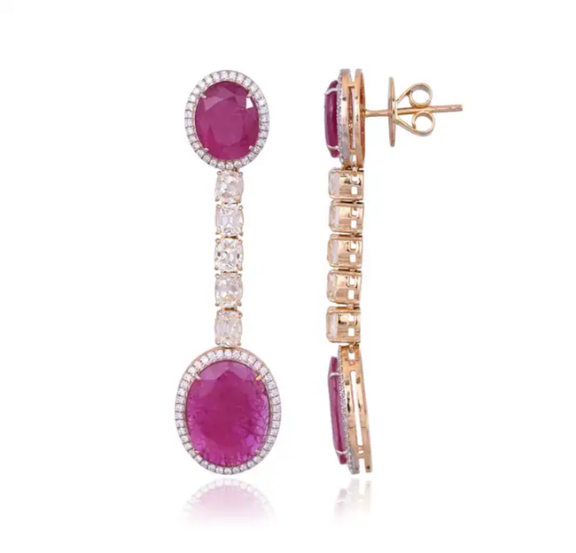 Natural Mozambique Ruby Dangle Earrings - 18k White Gold Yellow Diamond Dangle Earrings Hover Image