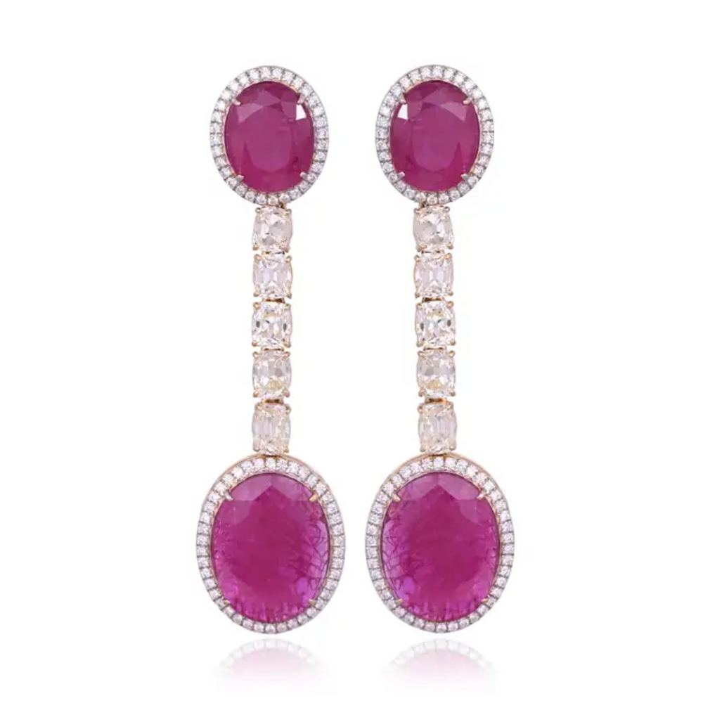 Natural Mozambique Ruby Dangle Earrings - 18k White Gold Yellow Diamond Dangle Earrings