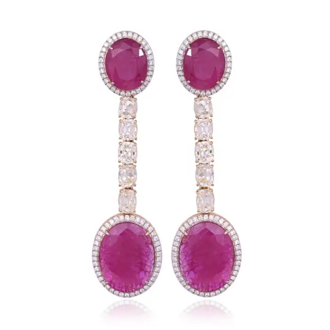 Natural Mozambique Ruby Dangle Earrings - 18k White Gold Yellow Diamond Dangle Earrings Main Image