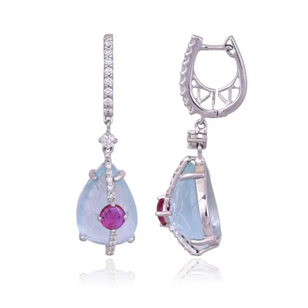 18k White Gold Diamond Dangle Earrings - Natural Ruby & Hand Carved Aquamarine Earrings