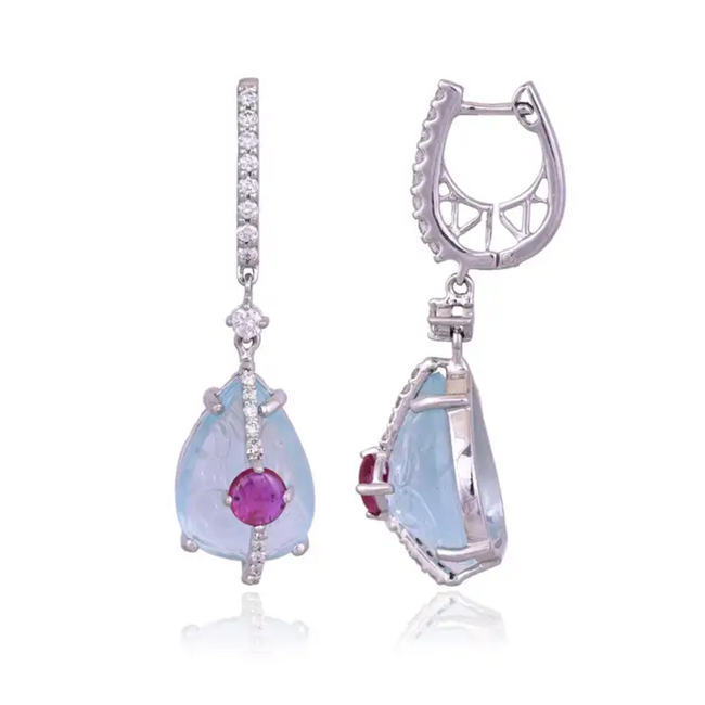 18k White Gold Diamond Dangle Earrings - Natural Ruby & Hand Carved Aquamarine Earrings Hover Image