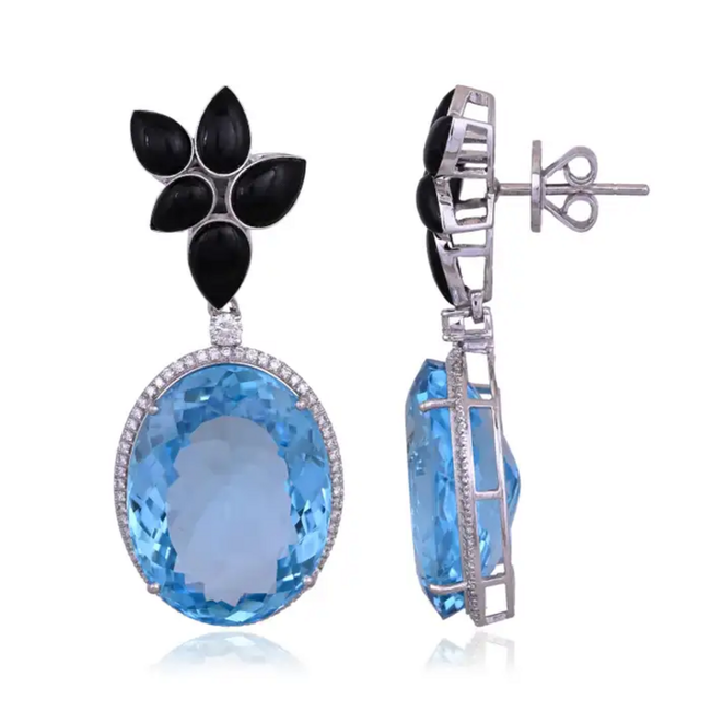 52.67 Ct. Blue Topaz & Black Onyx Gemstone Dangle Earrings - 18k White Gold Diamond Earrings Hover Image