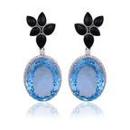 52.67 Ct. Blue Topaz & Black Onyx Gemstone Dangle Earrings - 18k White Gold Diamond Earrings