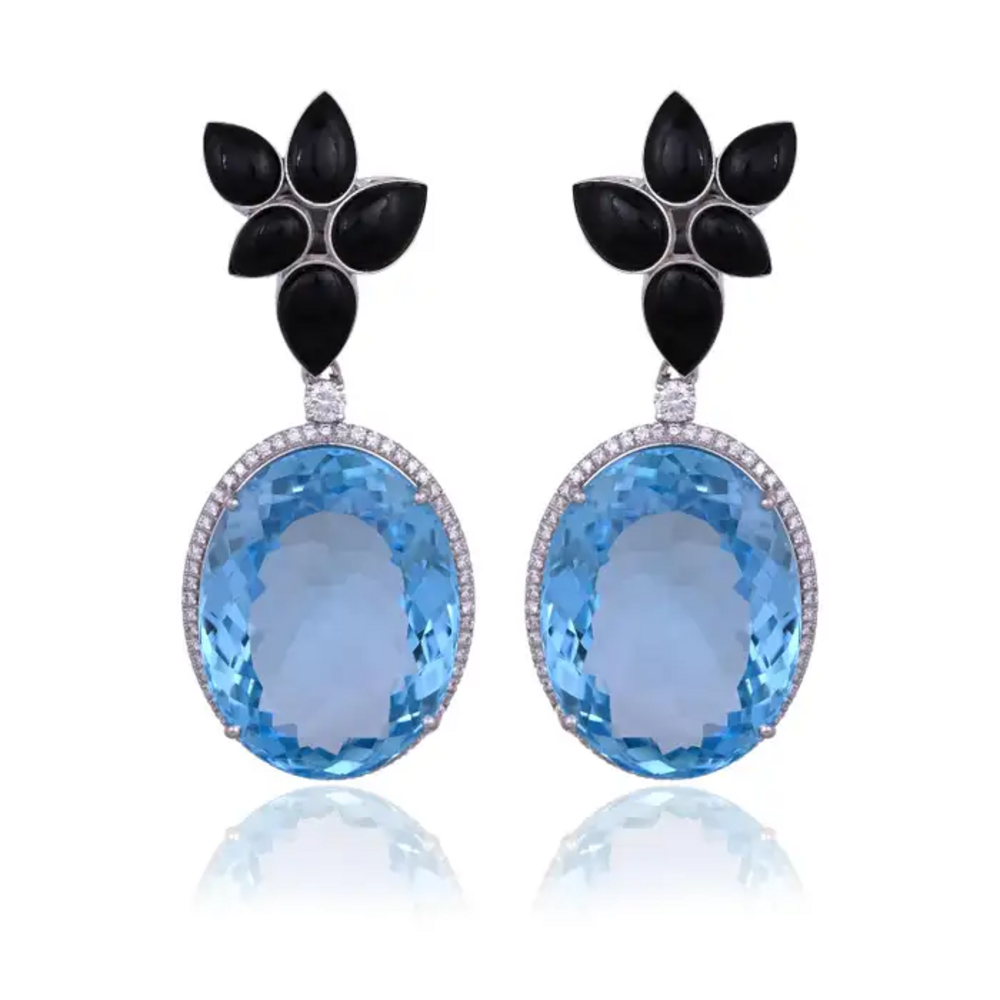 52.67 Ct. Blue Topaz & Black Onyx Gemstone Dangle Earrings - 18k White Gold Diamond Earrings