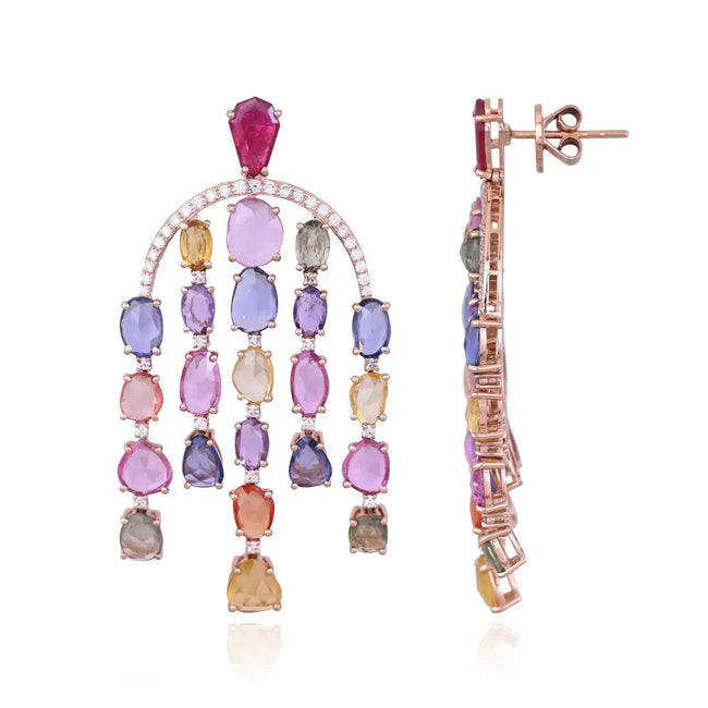 Natural Multi Sapphire & Mozambique Ruby Dangle Earrings - 18k Rose Gold Diamond Earrings Main Image