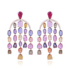 Natural Multi Sapphire & Mozambique Ruby Dangle Earrings - 18k Rose Gold Diamond Earrings