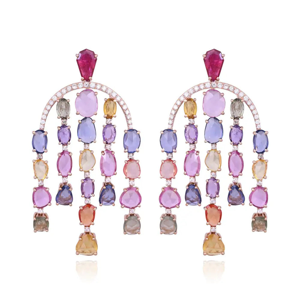 Natural Multi Sapphire & Mozambique Ruby Dangle Earrings - 18k Rose Gold Diamond Earrings