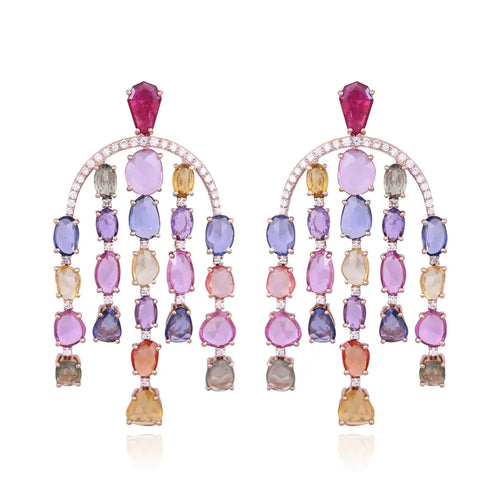 Natural Multi Sapphire & Mozambique Ruby Dangle Earrings - 18k Rose Gold Diamond Earrings