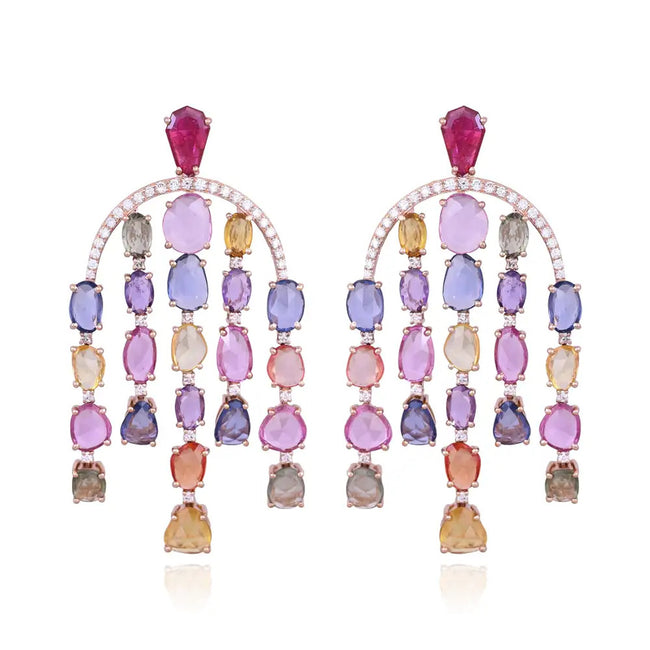 Natural Multi Sapphire & Mozambique Ruby Dangle Earrings - 18k Rose Gold Diamond Earrings Hover Image