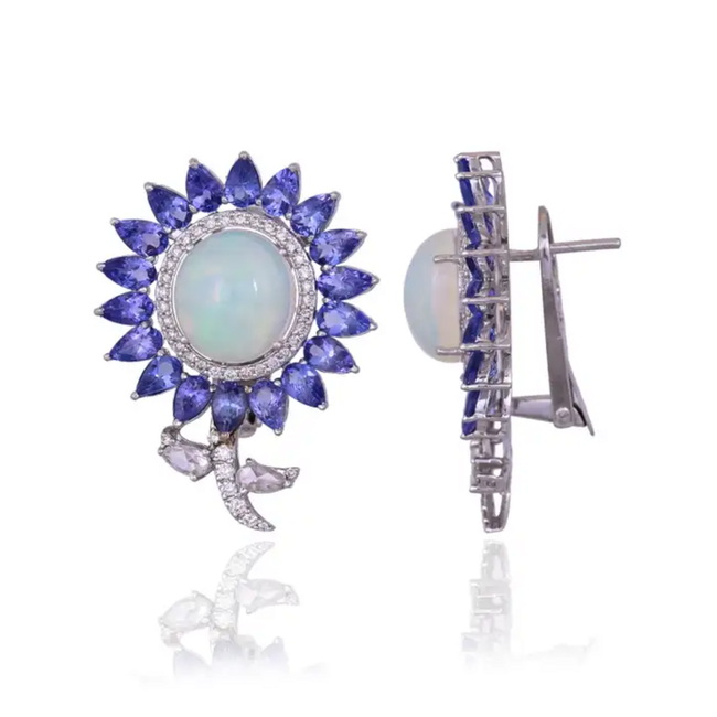 Natural Tanzanite & Ethiopian Opal Stud Earrings - 18k White Gold Rose Cut Diamond Earrings Main Image