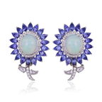 Natural Tanzanite & Ethiopian Opal Stud Earrings - 18k White Gold Rose Cut Diamond Earrings