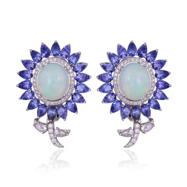 Natural Tanzanite & Ethiopian Opal Stud Earrings - 18k White Gold Rose Cut Diamond Earrings Hover Image