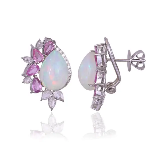 18k White Gold Diamond Stud Earrings - Natural Ethiopian Opal & Pink Sapphire Earrings Main Image