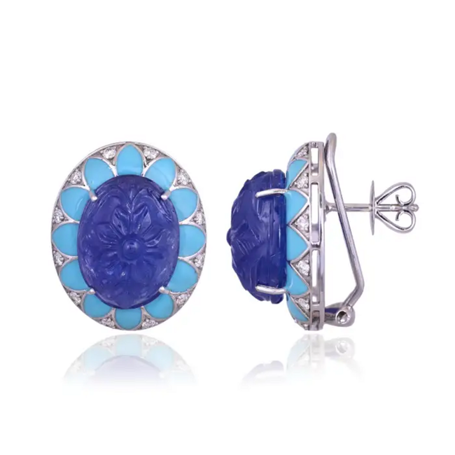Hand Carved Tanzanite & Turquoise Enamel Stud Earrings - 18k White Gold Diamond Earrings Main Image
