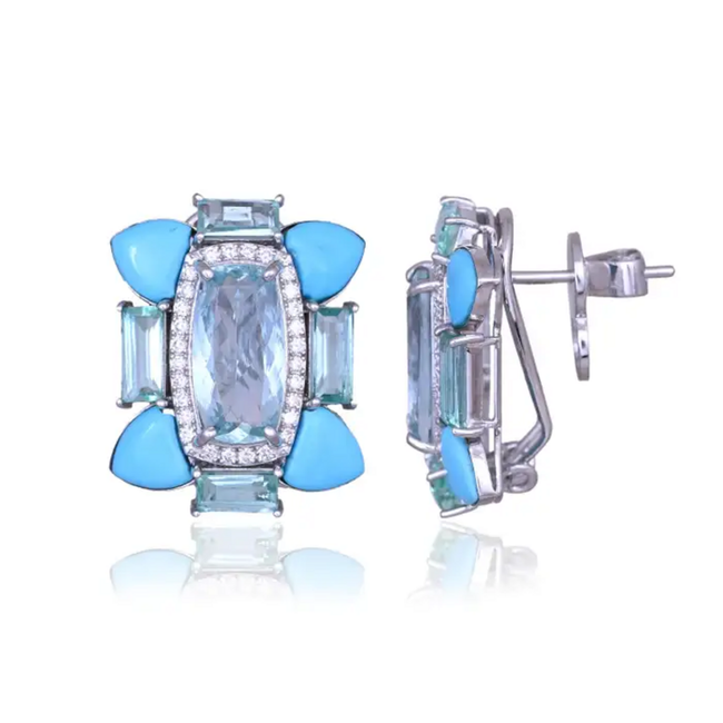18k White Gold Diamond Stud Earrings - Natural Aquamarine, Turquoise & Emerald Gemstone Stud Earrings Hover Image