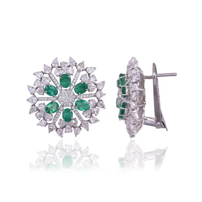 Zambian Emerald Stud Earrings - 18k White Gold Diamond Stud Earrings Hover Image