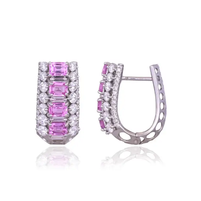 18k White Gold Diamond Hoop Earrings - Natural Pink Sapphire Huggie Hoop Earring Hover Image