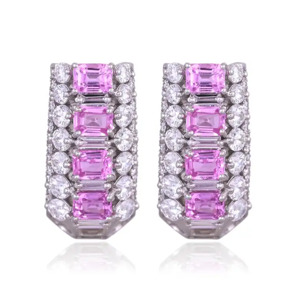 18k White Gold Diamond Hoop Earrings - Natural Pink Sapphire Huggie Hoop Earring