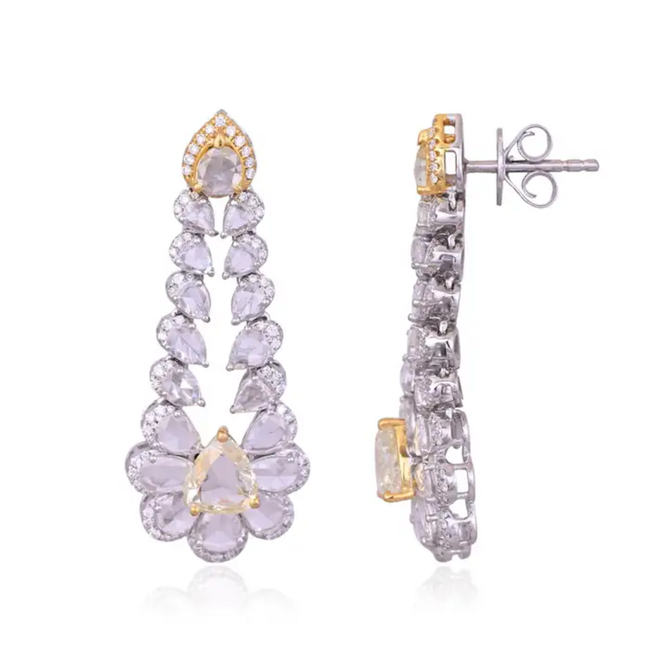 Natural Yellow & White Rose Cut Diamond Dangle Earrings - 18k White Gold Chandelier Earrings Hover Image