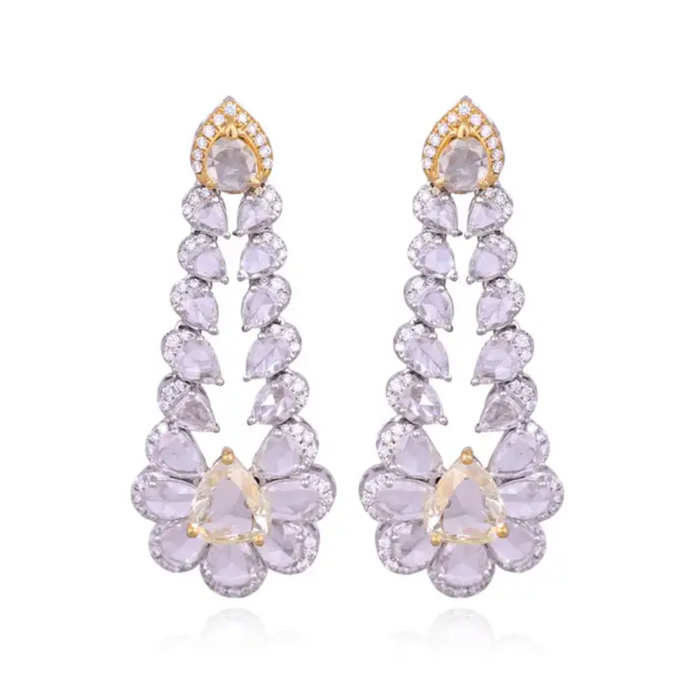 Natural Yellow & White Rose Cut Diamond Dangle Earrings - 18k White Gold Chandelier Earrings