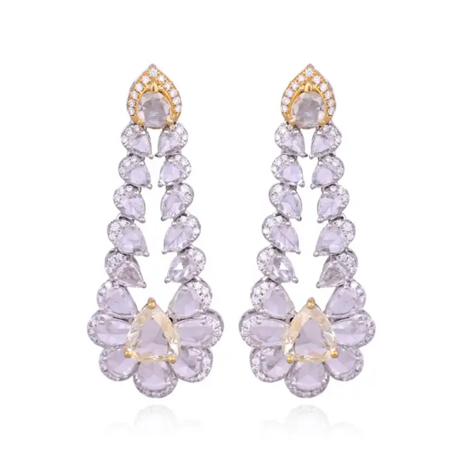 Natural Yellow & White Rose Cut Diamond Dangle Earrings - 18k White Gold Chandelier Earrings Main Image