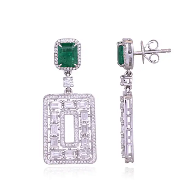 Natural Zambian Emerald & Diamond Dangle Earrings - 18k White Gold Handmade Earrings Hover Image