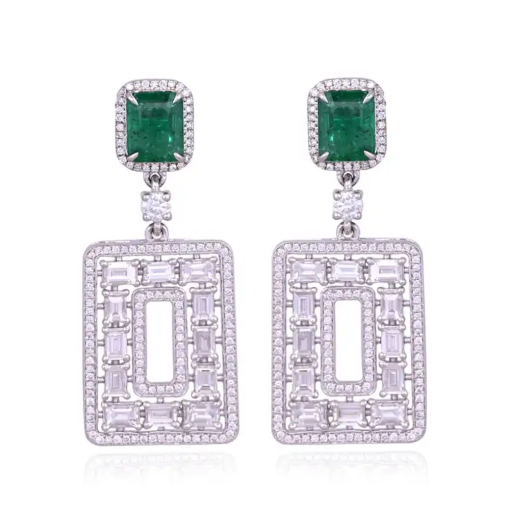 Natural Zambian Emerald & Diamond Dangle Earrings - 18k White Gold Handmade Earrings