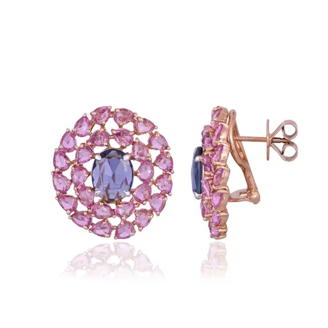 18k Rose Gold Stud Earrings - Natural Pink & Blue Sapphire Gemstone Stud Earrings Hover Image